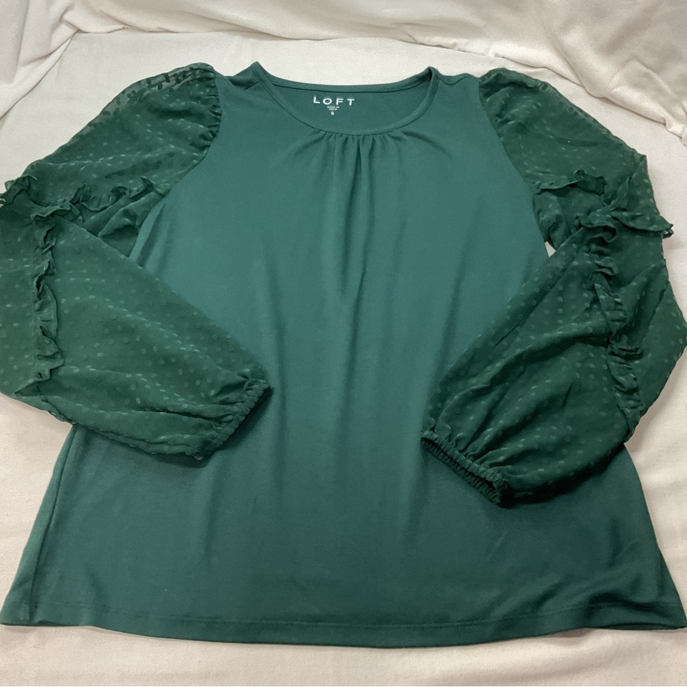 LOFT Women's Dark Green Long Sleeves Ruffled Blouse, Size‎ S Formal Casual